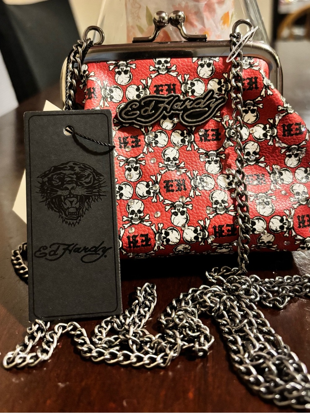 Ed Hardy Red Skull Print Kiss-Lock Chain Crossbody